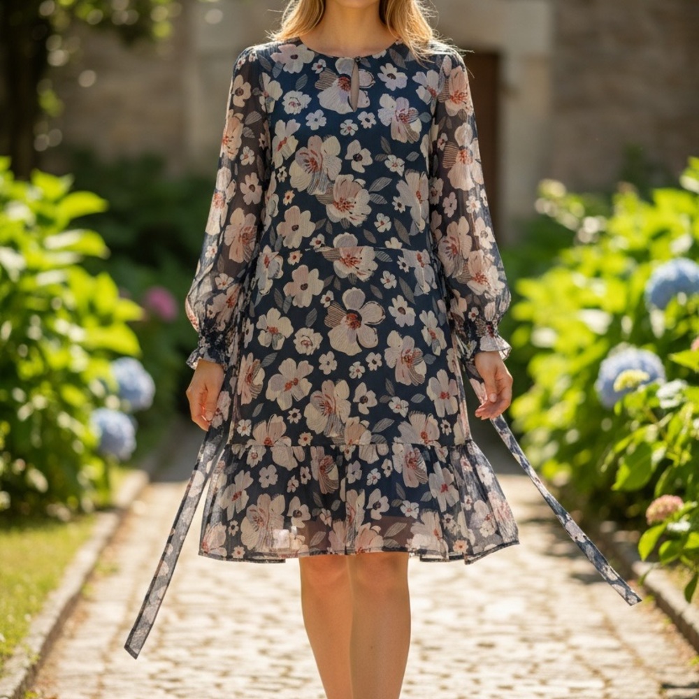 Ann Taylor Navy Floral Long Sleeve Dress